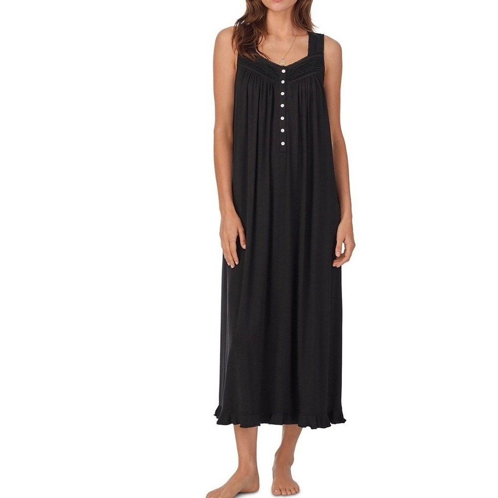 Eileen West Black Tencel Modal Sleeveless Nightgown Lace Trim Henley Small NWT